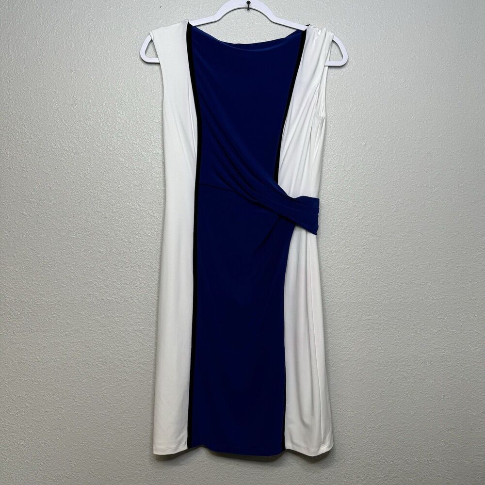 Ralph Lauren Sheath Dress Rushed Side Boat Neck Stretch Size 6 Navy Cream